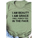 Summer Womens Letter I Am Beauty Printed Roll up Sleeves Crew Neck Slim Fit T Shirt