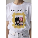 Letter Friends Cartoon Graphic Short Sleeve Crew Neck Relaxed Basic T-shirt in White