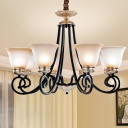 Black Curved Arm Chandelier Retro Metal 6/8 Bulbs Living Room Pendant Light Fixture with Flared Frosted Glass Shade