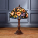 Bronze Bowl Shade Table Light Mediterranean 1-Head Stained Art Glass Flower Patterned Nightstand Lamp