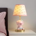 1 Light Nursery Table Lamp Kids Pink/Blue Nightstand Light with Cone Fabric Shade and Resin Pig