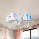 Horse Pattern Kids Room Pendant Striped Fabric 5 Lights Cartoon Chandelier with Swirl Arm in White