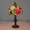 Bronze Dome Shaped Night Light Victorian 1-Head Hand Cut Glass Table Lamp with Rose Pattern
