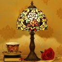 Bronze Flower Patterned Dome Night Light Tiffany 1-Light Stained Art Glass Table Lamp