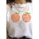 Stylish Womens Letter Sweet As A Peach Cartoon Peach Graphic Rolled Short Sleeve Crew Neck Loose T-shirt in White
