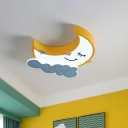 Cartoon Sleeping Crescent Flush Light Iron Kindergarten LED Close to Ceiling Fixture in Yellow