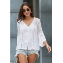 Sexy Ladies Solid Color Bell Sleeves V-neck Button down Hollow out Lace Patched Loose Blouse Top