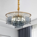 Square Crystal Smoke Grey Chandelier Drum 8 Bulbs Modernism Pendant Lighting Fixture