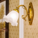 Retro Scalloped Sconce Light Fixture 1 Bulb White Glass Wall Lighting in Brass/Bronze with Curvy Arm