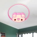 Pink/White Pig Flush Light Cartoon LED Acrylic Flush Mount Lamp with Ring for Children Bedroom
