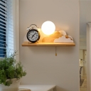 Moon Above The Cloud Pull-Chain Sconce Nordic Cream Glass 1 Head Grey/White/Blue and Wood Wall Mount Light with Shelf