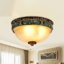 Frosted Glass Peacock Green Flush Mount Dome Shade 2/3/4 Heads Countryside Ceiling Lighting with Flower Pattern