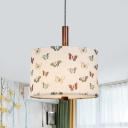 1 Bulb Fabric Hanging Pendant Country Style White Cylinder Bedroom Pendulum Light with Butterfly Pattern