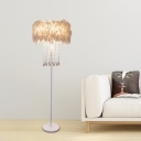 Round Feather Standing Lamp Simple 1 Bulb Living Room Floor Light in White with Crystal Drop