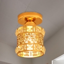 Gold 1-Light Flushmount Lamp Modern Crystal Etched Floral Cylindrical Close to Ceiling Light