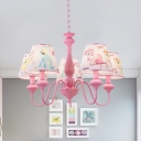 Cone Shade Print Fabric Chandelier Cartoon 5/6 Lights Pink Pendant Light Fixture for Girl's Bedroom