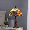 Bronze 1-Light Nightstand Light Mediterranean Stained Glass Domed Table Lighting with Flower Pattern