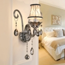 Smoke Grey Curved Tube Glass Sconce Traditional 1/2-Bulb Corridor Wall Light Kit with Flared Fabric Shade