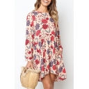 Popular Womens All over Flower Printed Long Sleeve Round Neck Short Pleated Swing Dress in Red