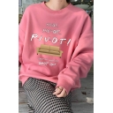Popular Womens Sherpa Liner Letter Friends Cartoon Figure Graphic Long Sleeve Crew Neck Relaxed Pullover Sweatshirt in Pink