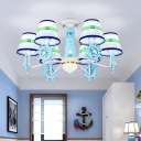 Rudder Semi Flush Light Mediterranean Style Metal 6 Heads Blue Close to Ceiling Lamp with Barrel Fabric Shade