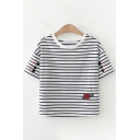 Sequins Heart Embroidered Striped Button Details Short Sleeve Round Neck Loose Fit Fashion Tee Top for Women