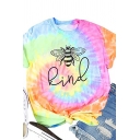 Leisure Cartoon Bee Letter Kind Tie Dye Graphic Rolled Short Sleeve Crew Neck Regular Fit T Shirt in Pink
