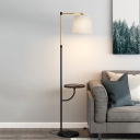 Metal Right Angle Arm Floor Lamp Modern 1-Light Black-Gold Floor Light with Barrel Beige Fabric Shade and Shelf