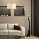 Overarching Metal Floor Light Modernist Single Black Standing Floor Lamp with Drum White Fabric Shade