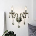 1/2-Light Candle Wall Mounted Lamp Traditional Smoke Gray Crystal Wall Lighting Idea with Gooseneck Arm