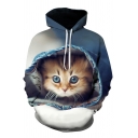 Mens Lovely Cat 3D Pattern Drawstring Long Sleeve Loose Fit Hooded Sweatshirt with Pocket