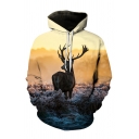 Fancy Mens 3D Deer Landscape Pattern Pocket Drawstring Long Sleeve Regular Fit Hooded Sweatshirt