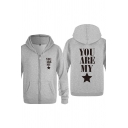 Sportive Mens Star Letter You Are My Printed Zipper Pocket Drawstring Long Sleeve Regular Fit Graphic Hoodie