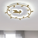 Gold Finish Rattan-Ring Flush Mount Nordic LED Acrylic Flushmount Lighting with Bird Pattern in White/Warm Light