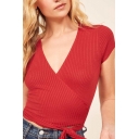 Stylish Womens Knitted Plain Short Sleeve Surplice Neck Bow Tied Fitted Crop Wrap Tee