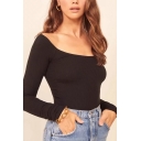 Hot Girls Long Sleeve Round Neck Slim Fitted Knit Black T-shirt