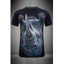 Mens 3D Novelty Rhino Printed Short Sleeve Round Neck Slim Fitted Tee Top