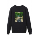 Stylish Mens Car Road Pattern Pullover Long Sleeve Round Neck Regular Fit Sweatshirt