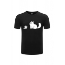 Mens T-Shirt Simple Cat Pattern Crew Neck Short Sleeve Regular Fitted T-Shirt