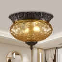2 Heads Flush Light with Crown Hat Shade Amber Latticed Glass Countryside Dining Room Flush Lighting