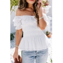 Stylish Ladies Puff Sleeves Off the Shoulder Ruffled Hem Hollow out Fit T Shirt in White