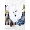 Basic Girls Cartoon Face Print Rolled Short Sleeve Crew Neck Slim Fitted T Shirt