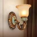 1/2-Head Frosted Glass Wall Sconce Antiqued Bronze Floral Bedroom Wall Mounted Lamp