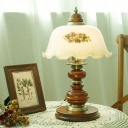 1-Light Table Lamp Vintage Living Room Nightstand Lamp with Ruffle-Trimmed White Glass Shade in Brown