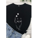 Basic Girls Cartoon Cat Pattern Roll up Sleeve Crew Neck Slim Fit T-shirt