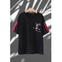 Retro Womens Chinese Letter Printed Contrasted Short Sleeve Crew Neck Relaxed T Shirt