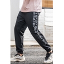 Retro Mens Letter Lucky Boys Pattern Cuffed Drawstring 7/8 Length Tapered Fit Graphic Black Joggers