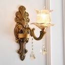 1 Bulb Wall Mounted Lamp with Flower Shade Clear Ribbed Glass Traditional Indoor Wall Light in Brass
