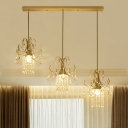 3-Head Linear Multi Light Pendant Postmodern Style Brass Crystal Chain Hanging Lamp