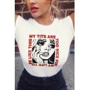 Chic Womens Letter My Tits Are Cartoon Girl Graphic Slim Fit Cropped Tee Top in White